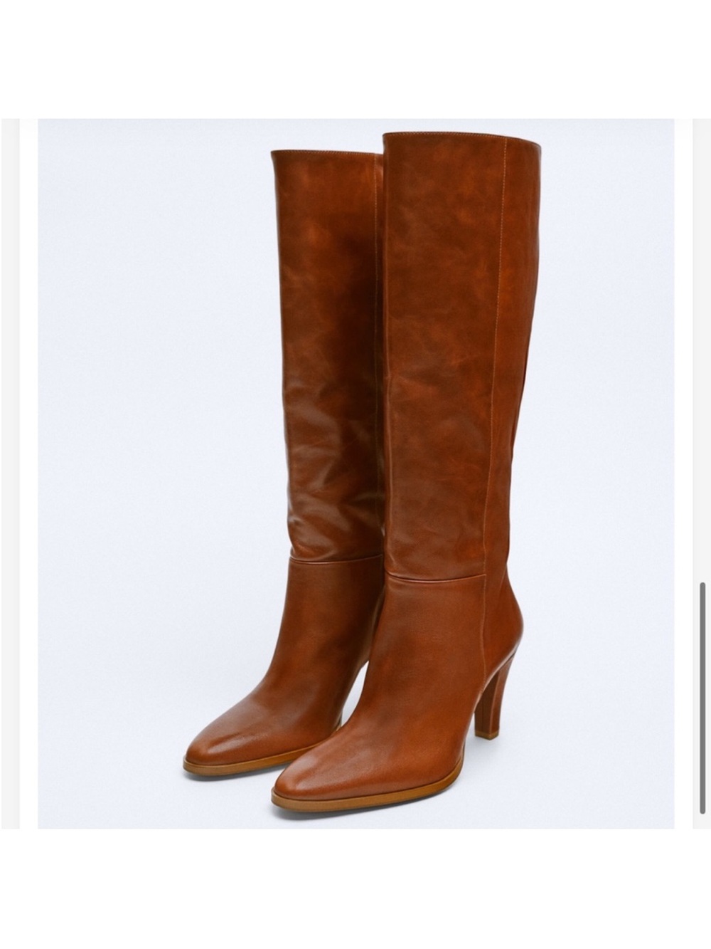 Zara Cognac Leather Knee-High Heeled Boots - Women